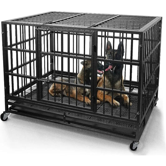 Heavy Duty Dog Crate 48/38 Inch with Wheels, High Anxiety Indestructible, Sturdy Locks Design