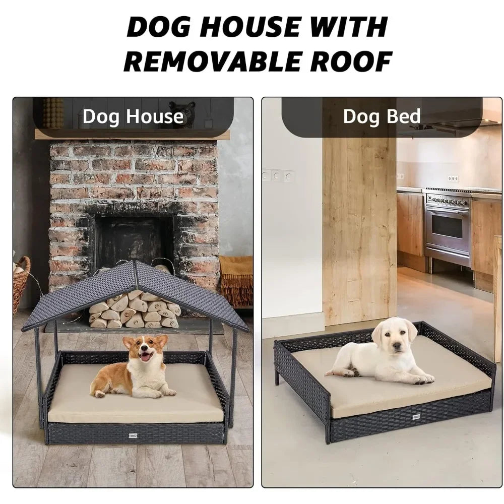 2-in-1 wicker dog house, indoor/outdoor elevated dog bed with removable canopy, breathable, shaded, waterproof and non-slip feet