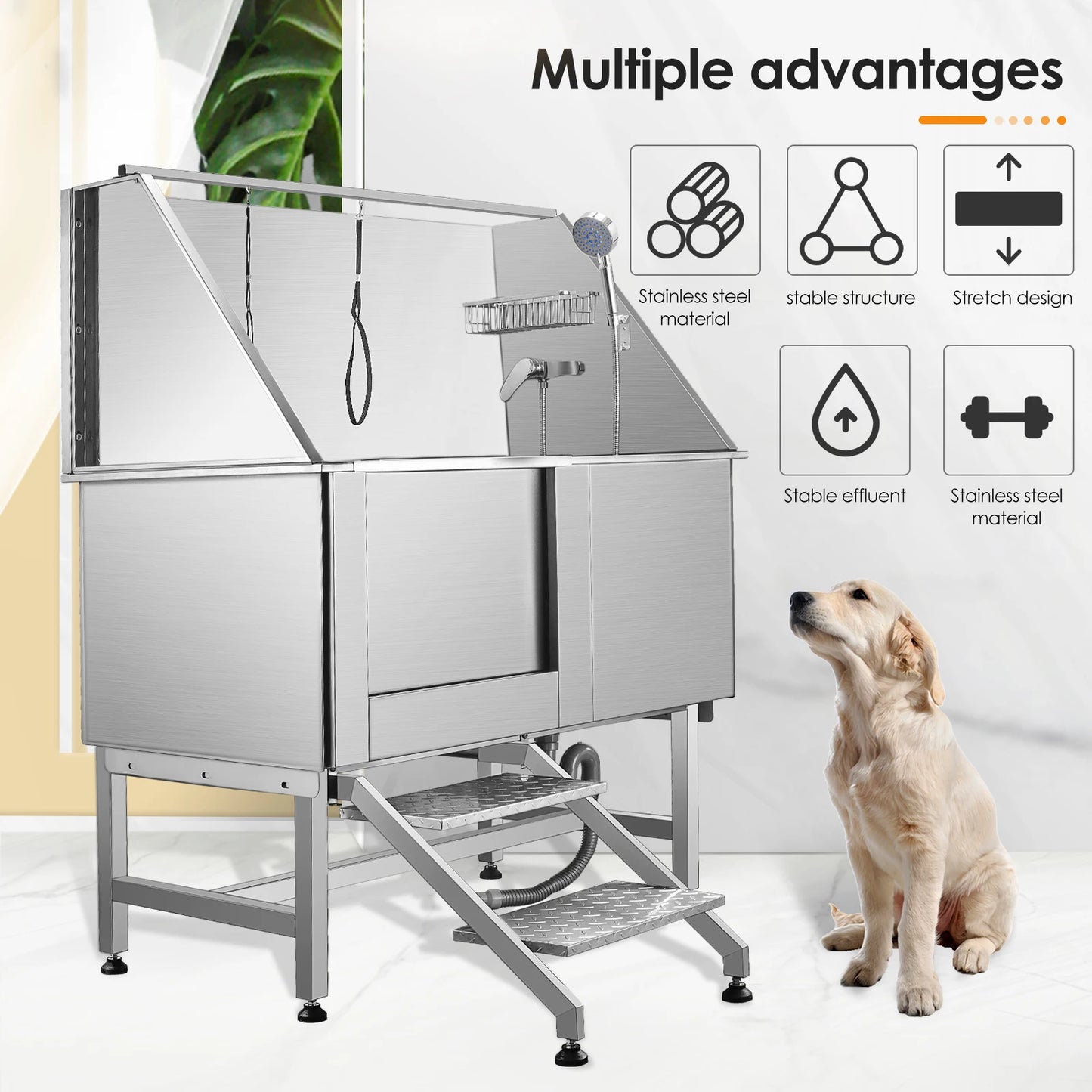 Professional Stainless Steel Pet Grooming Bath Tub/Shower with Faucet Walk in Ramp Accessories