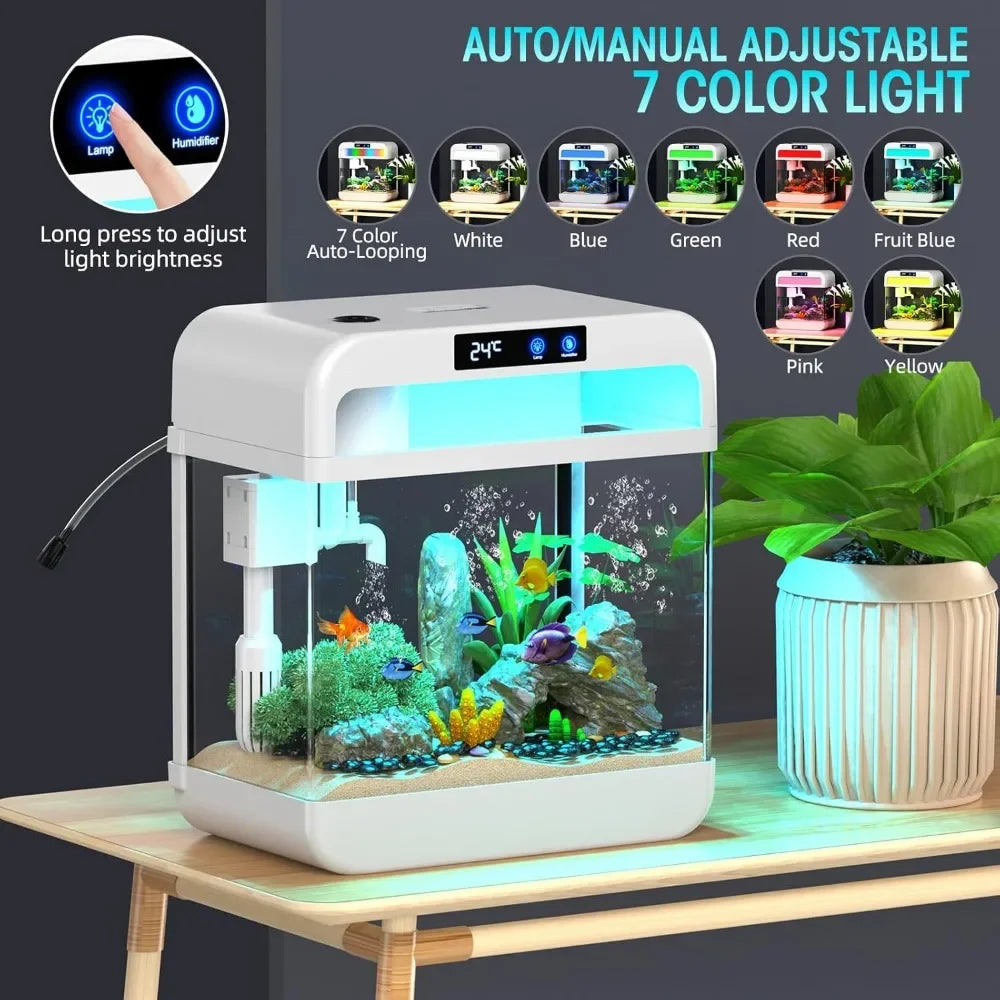 2.2 Gallon Aquarium with Humidifier. 7 Color Auto-Looping Light, Self Cleaning, 3 in 1 Pump with Filtration & Oxygenation