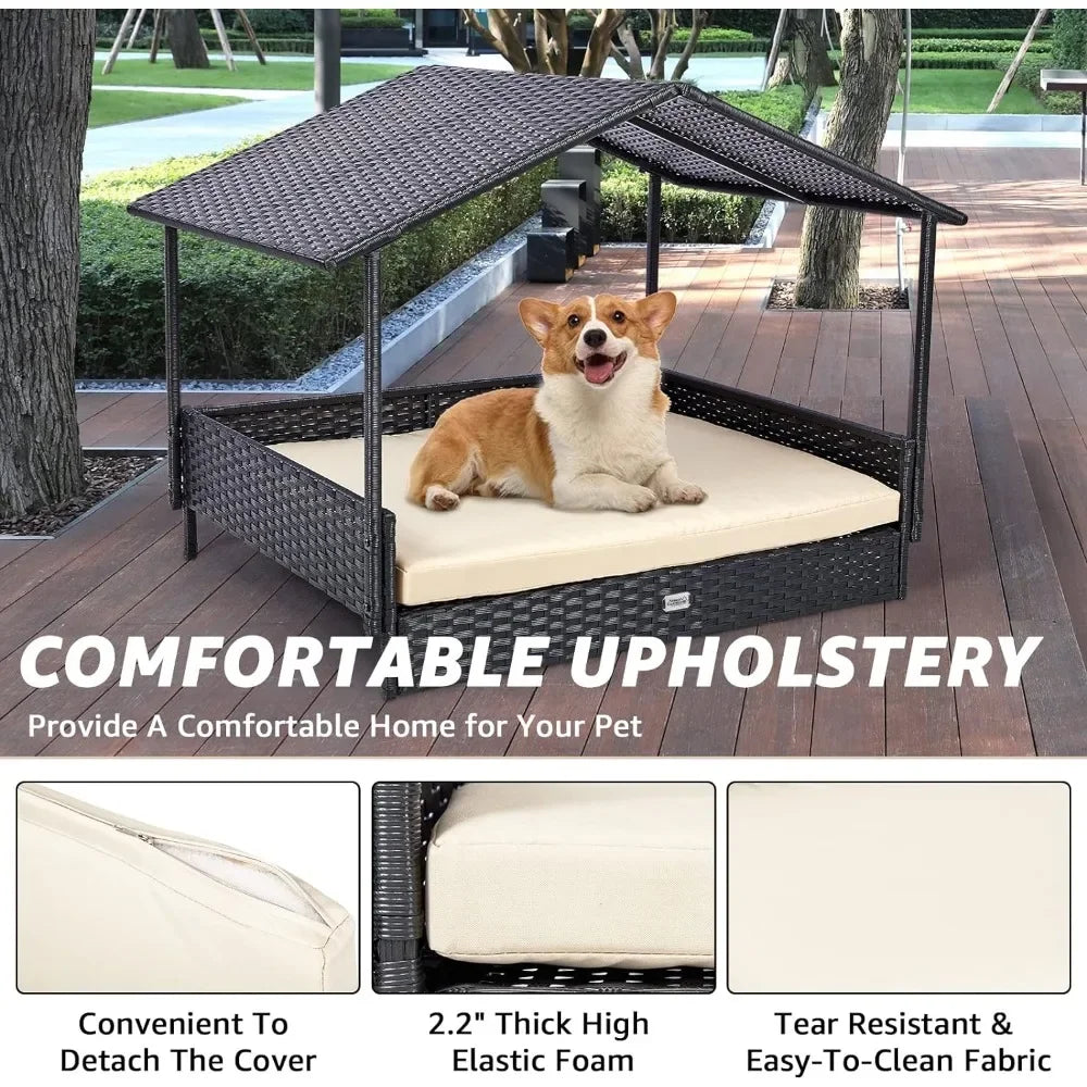 2-in-1 wicker dog house, indoor/outdoor elevated dog bed with removable canopy, breathable, shaded, waterproof and non-slip feet