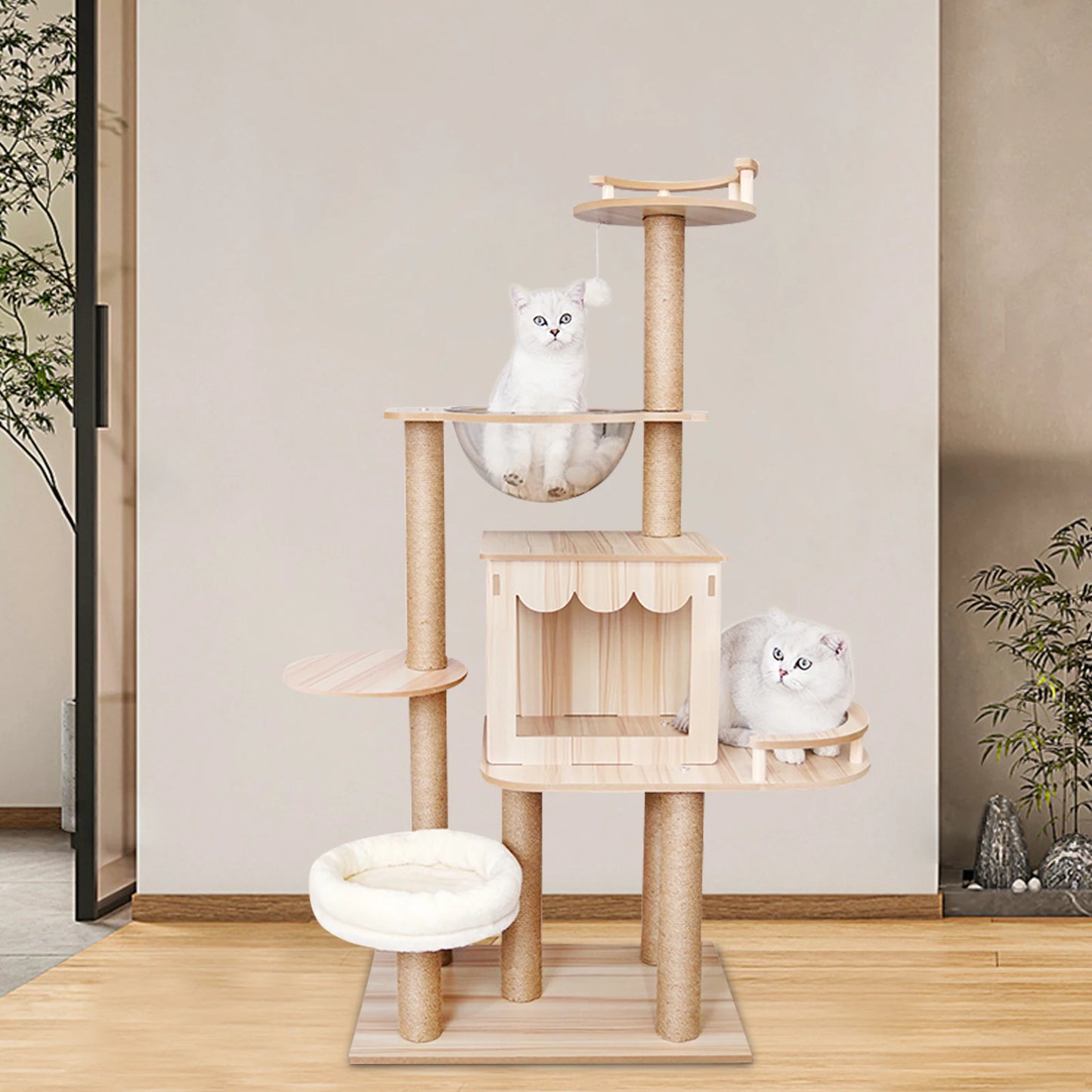 All-in-one Multi-Level Wood Cat Tree for Indoor Play. Climbing,  Jumping, Cushions