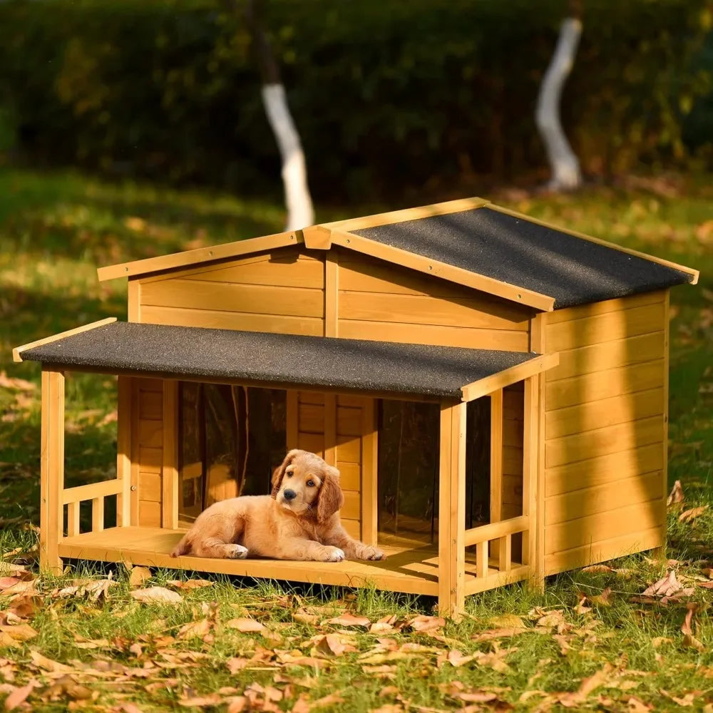 47" Outdoor Wooden Dog House with Porch, Asphalt Roof, 2" Height Raised Feet and Two Plastic Door Curtains, Brown