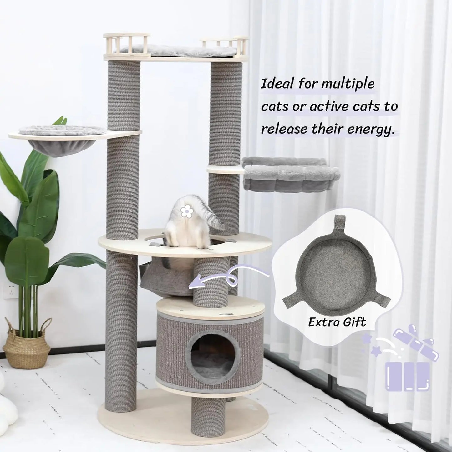 Extra Large Tall  Wooden Cat Tree 5 Levels.  Hammocks, Hanging Basket, 2 Cats Easy to Play, Cushions