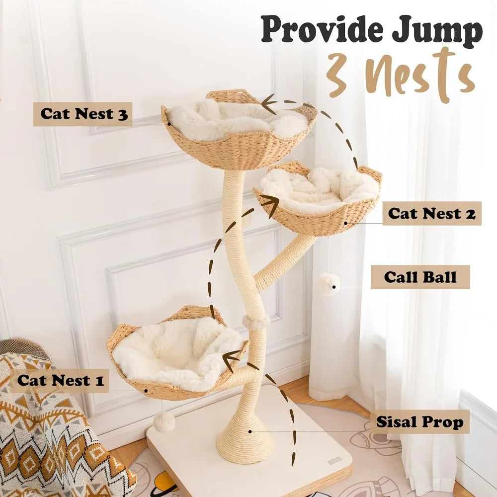 52" Tall  Solid Wood Cat Condo With 3 Baskets. Suitable for Large Cats. Removable/Washable Cushions