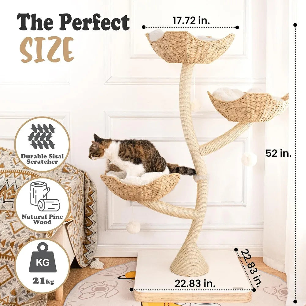 52" Tall  Solid Wood Cat Condo With 3 Baskets. Suitable for Large Cats. Removable/Washable Cushions