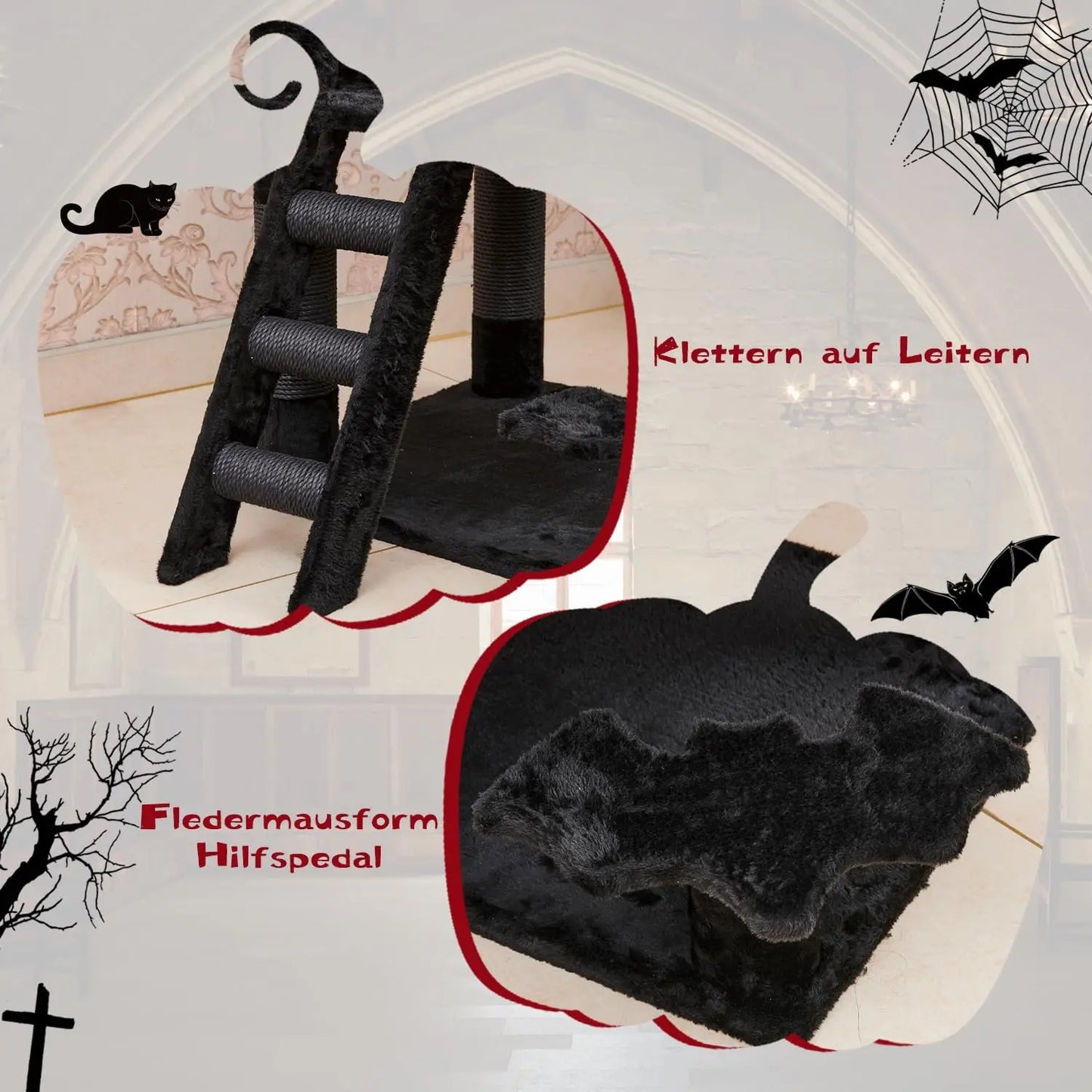 55" Gothic Cat Tree with Coffin Bed. Spacious, Scratching Posts, Spider Hanging Ball