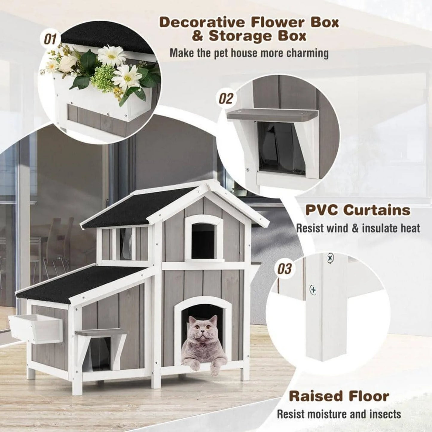 Outdoor Wooden Cat House with Big Balcony, Slide and Waterproof Roof