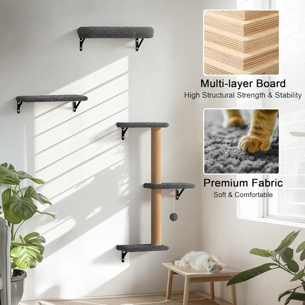 Stable & Safe 4 in 1  Wooden Large Cat Wall Furniture Set.  Scratching Post for 16 Inch Drywall