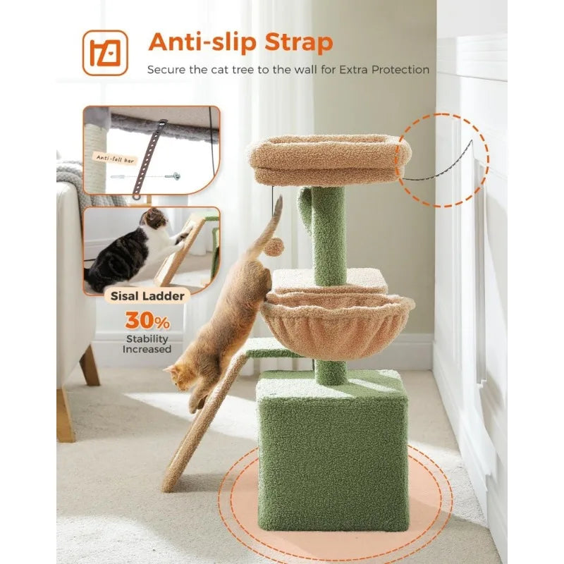 Cute Cactus Cat Tree for Indoor Cats, Sisal Scratching Ramp, Cozy Hammock, Removable Top Bed Perch