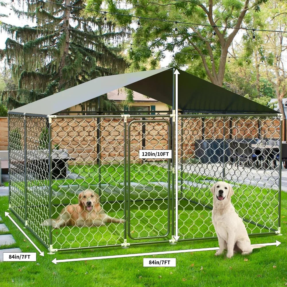 Outdoor Heavy Duty Dog Kennel. Anti-Rust, Waterproof UV Resistant Cover, Secure Lock