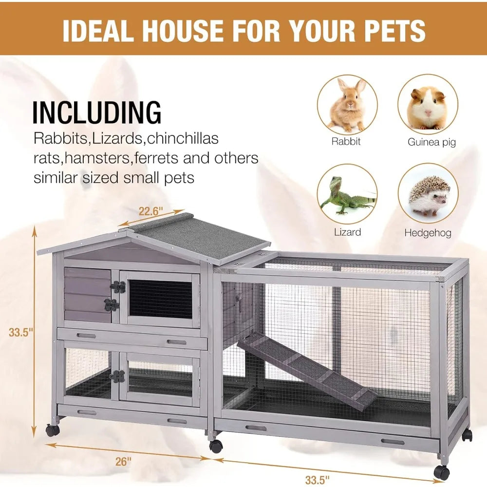 Small Animal Cage. Indoor/Outdoor, Casters Waterproof Roof, Pull Out Tray from Back and Front