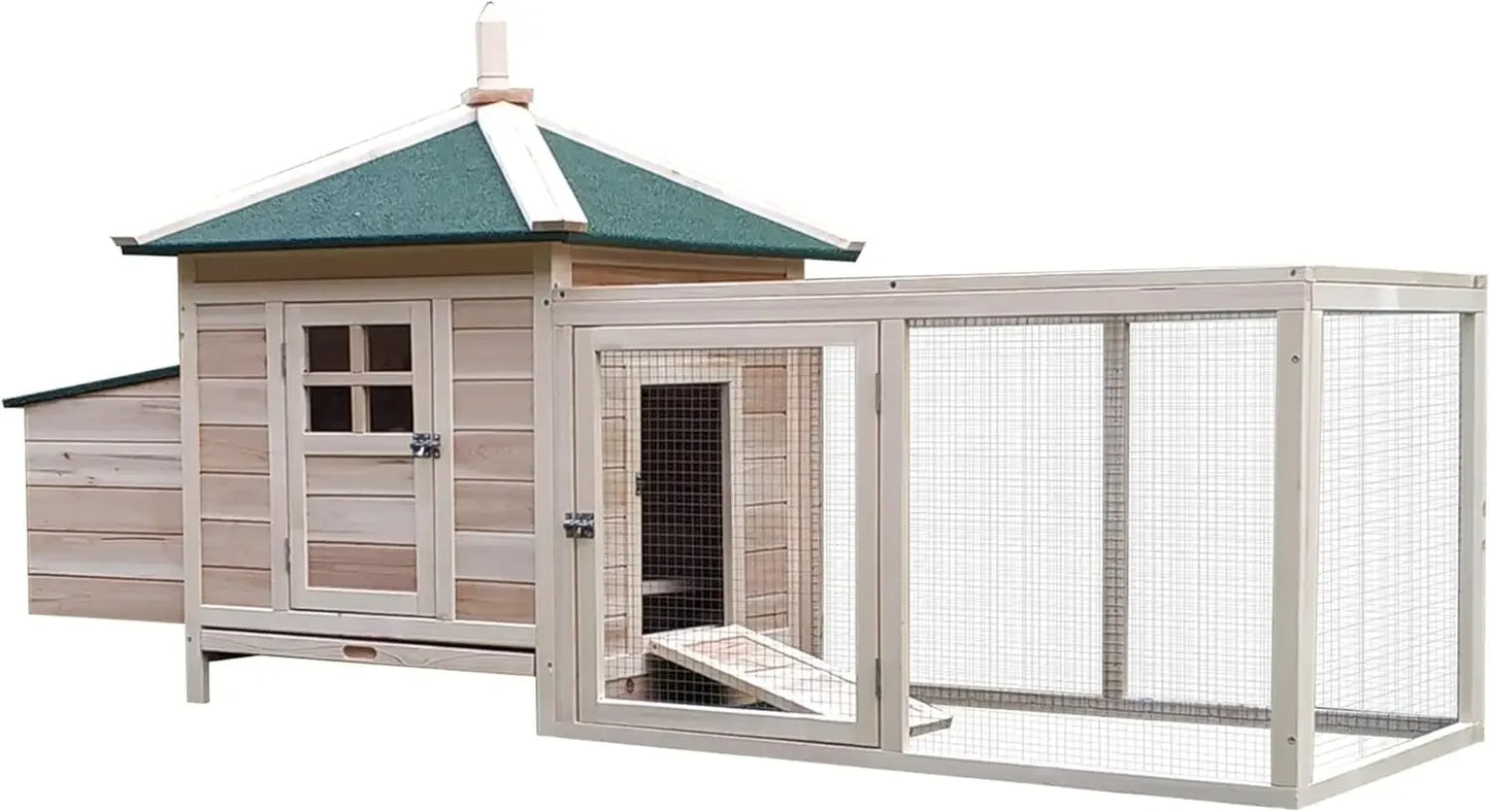 Cute Outdoor Wooden Chicken Coop with Nesting Box.  Removable Tray, Ramp Run