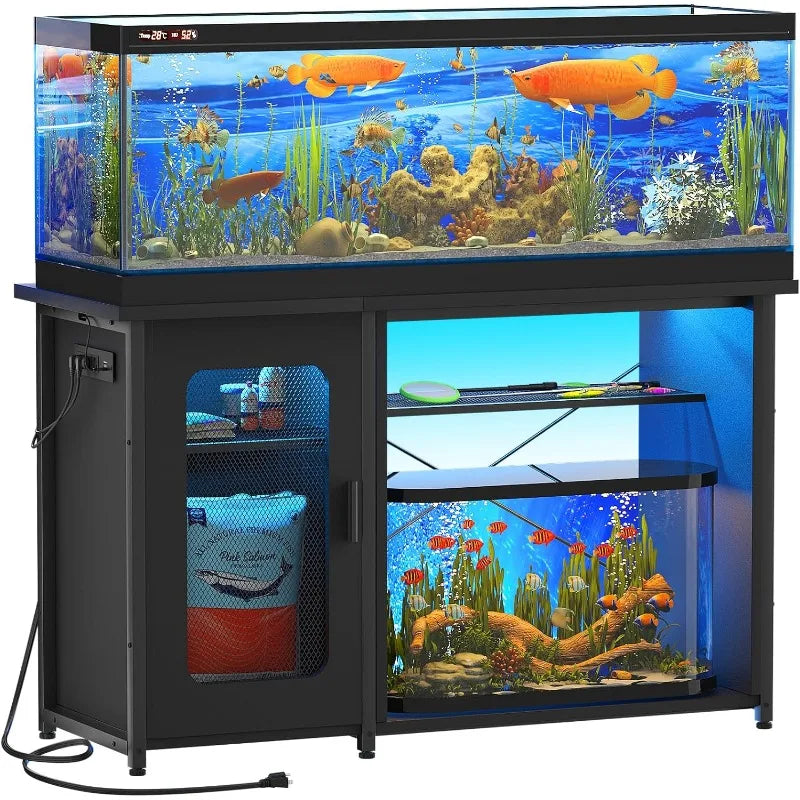 Reversible Heavy Duty Metal Aquarium Stand with Cabinet for Fish Tank Accessories Storage and Power Outlets.