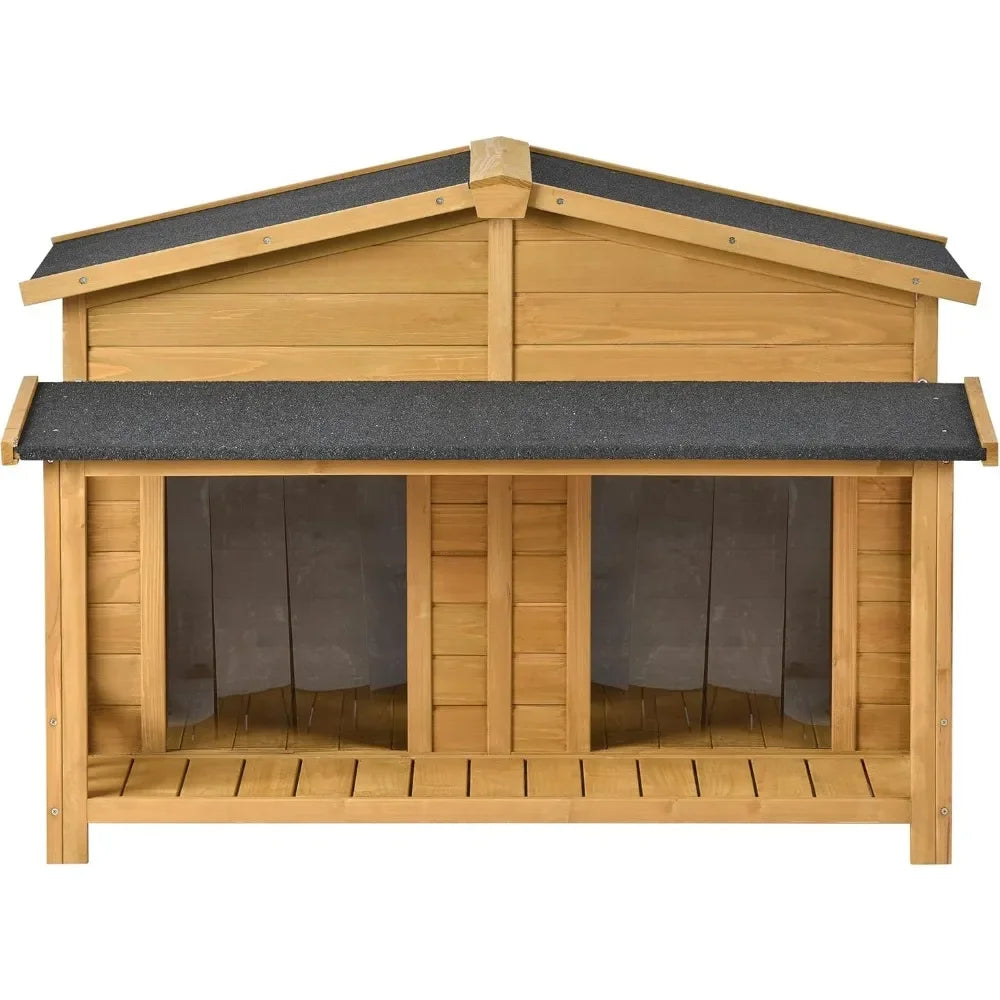 47" Outdoor Wooden Dog House with Porch, Asphalt Roof, 2" Height Raised Feet and Two Plastic Door Curtains, Brown