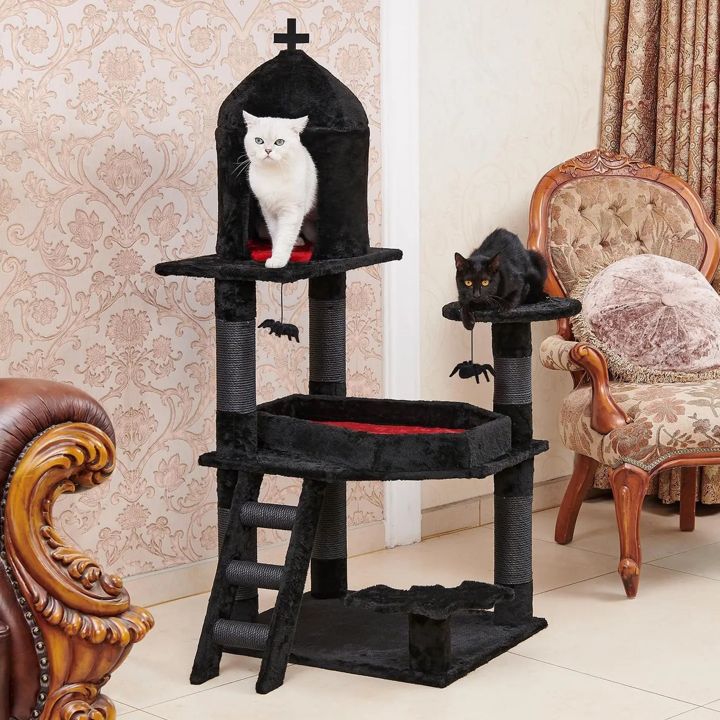 55" Gothic Cat Tree with Coffin Bed. Spacious, Scratching Posts, Spider Hanging Ball