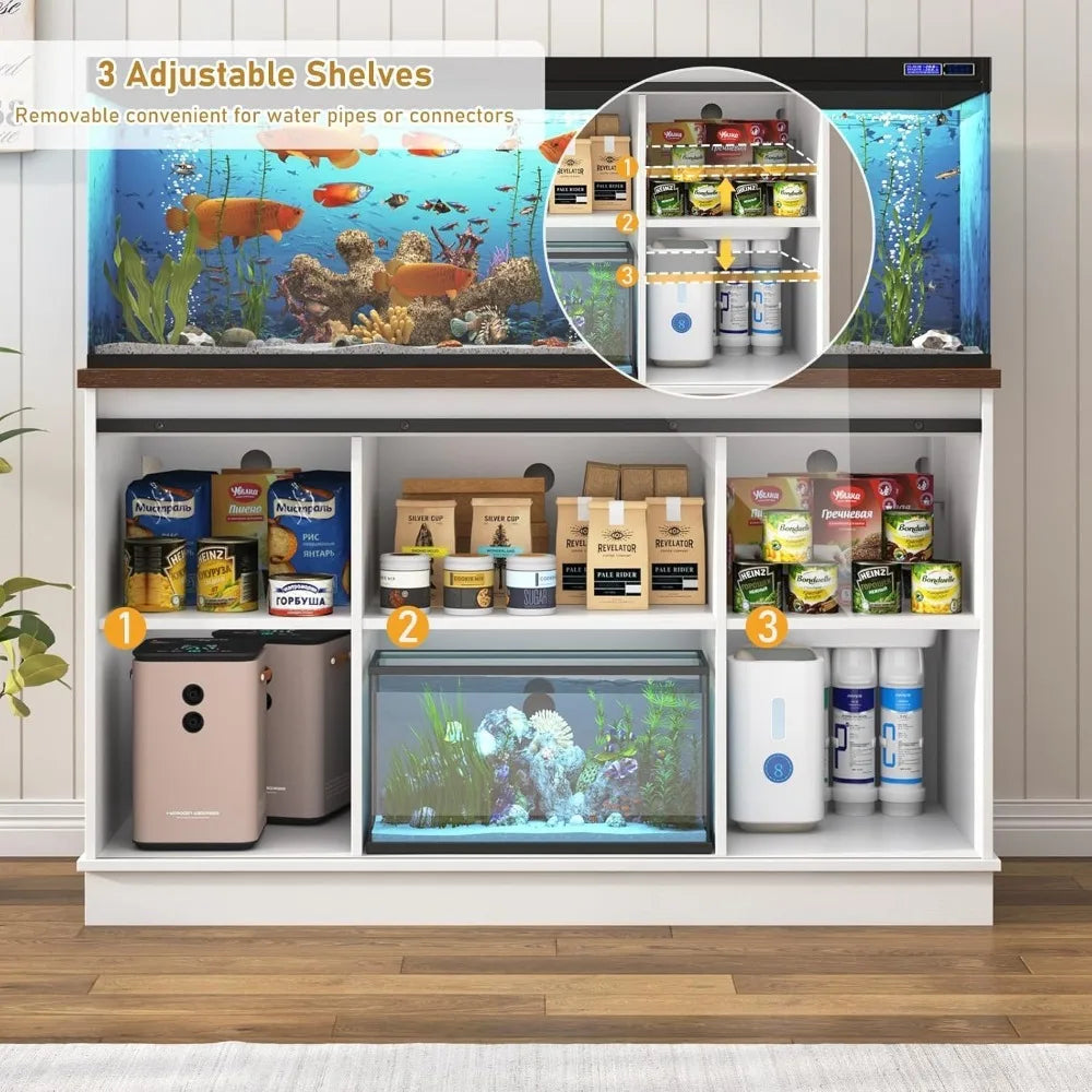 Farmhouse 55-75 Gallon Fish Tank Stand with Power Outlet, Cabinet & Sliding Barn Door.