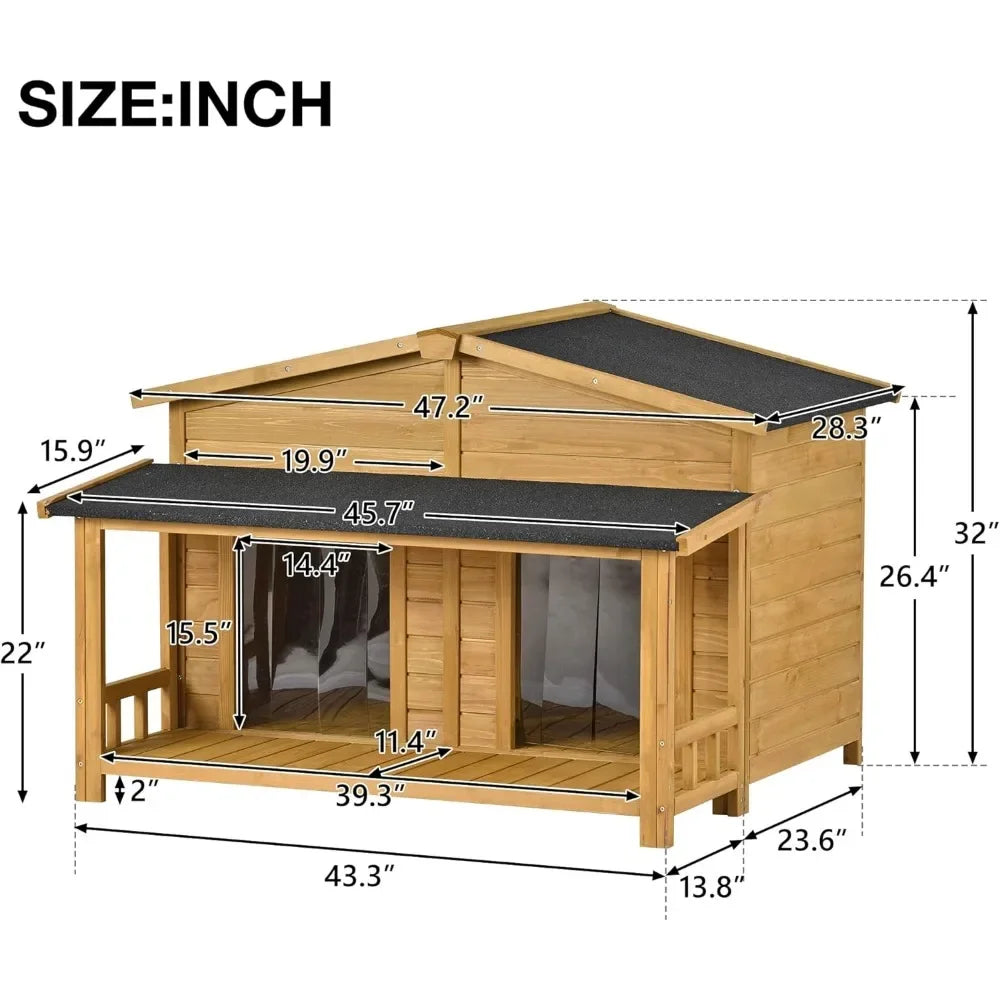 47" Outdoor Wooden Dog House with Porch, Asphalt Roof, 2" Height Raised Feet and Two Plastic Door Curtains, Brown