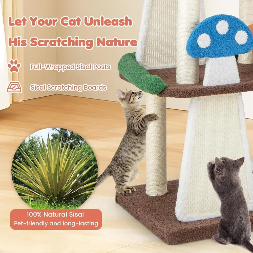 Multi story cute Mushroom Cat Tree with Full-Wrapped Sisal Posts