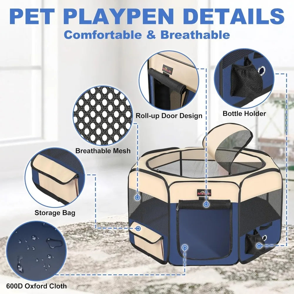 Foldable Pet Playpen with Carrying Case, Indoor/Outdoor Use/Water Resistant