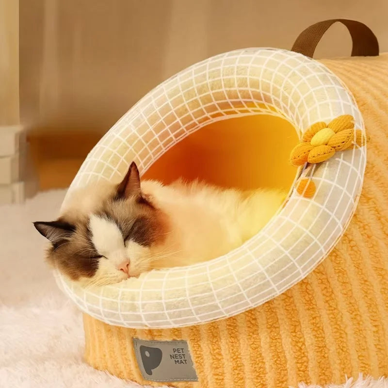 Warm Thickened Plush Cat Nest.  Semi Enclosed, Portable Kennel