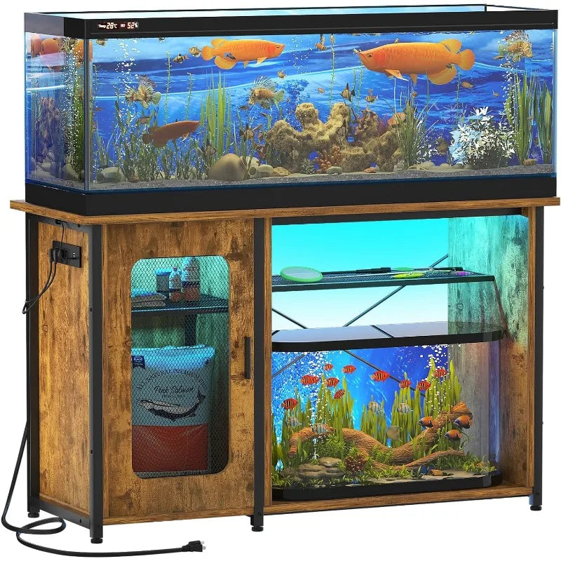 Reversible Heavy Duty Metal Aquarium Stand with Cabinet for Fish Tank Accessories Storage and Power Outlets.