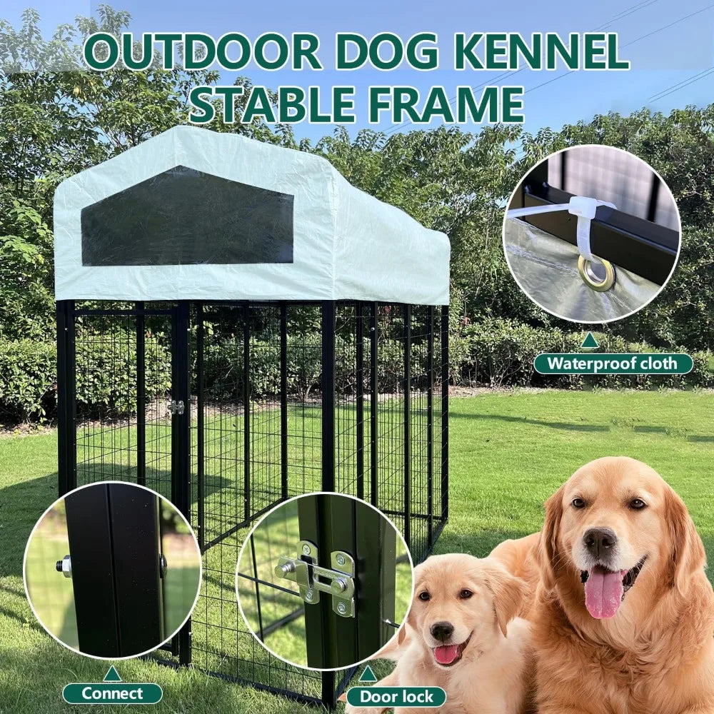 Outdoor Heavy Duty Dog Kennel. Anti-Rust, Waterproof UV Resistant Cover, Secure Lock