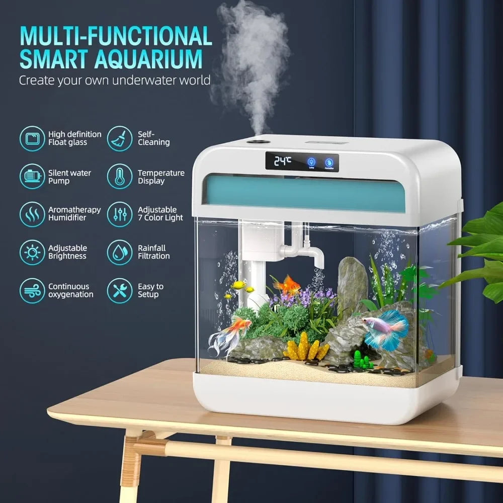 2.2 Gallon Aquarium with Humidifier. 7 Color Auto-Looping Light, Self Cleaning, 3 in 1 Pump with Filtration & Oxygenation