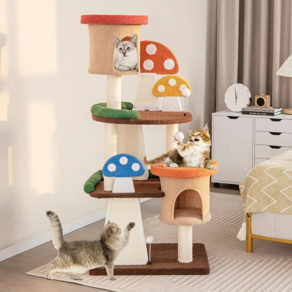 Multi story cute Mushroom Cat Tree with Full-Wrapped Sisal Posts