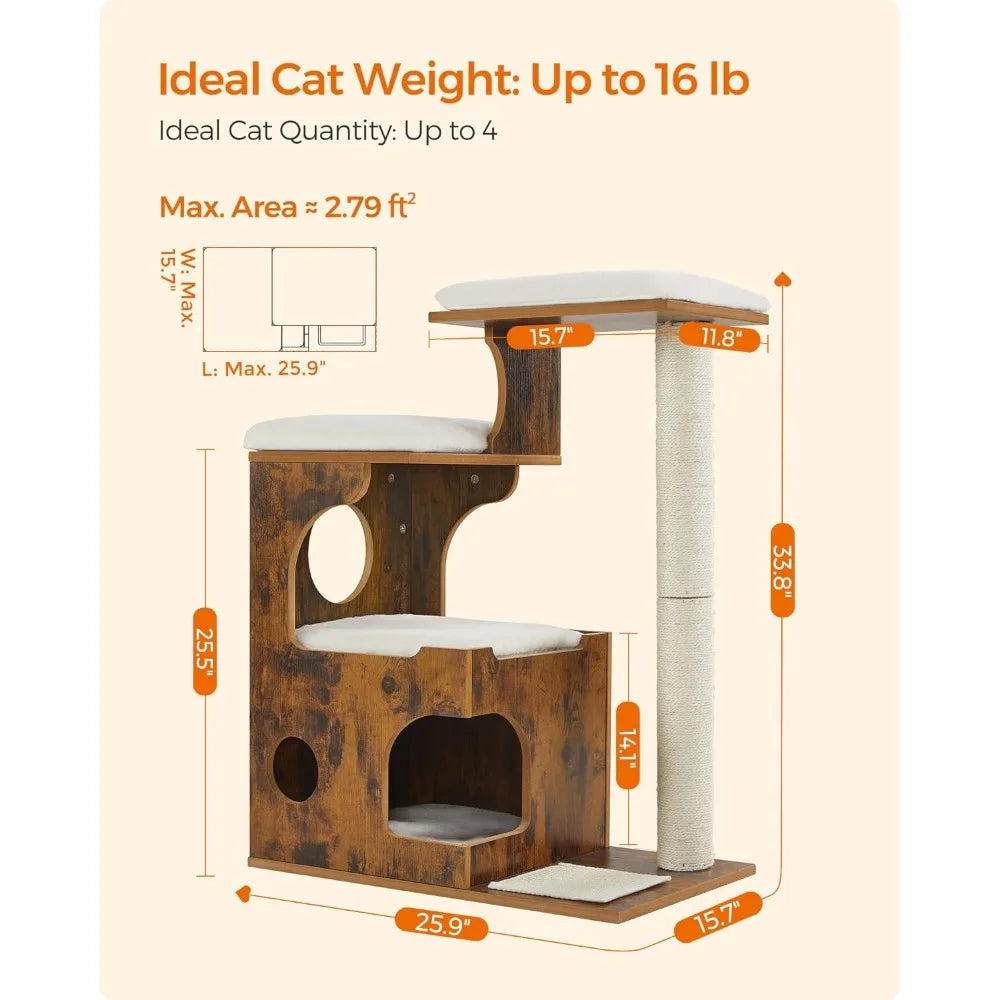 Cat Tower. 3 Beds, Cave, MDF with Wood Veneer, Sisal Post, Rustic Brown/White