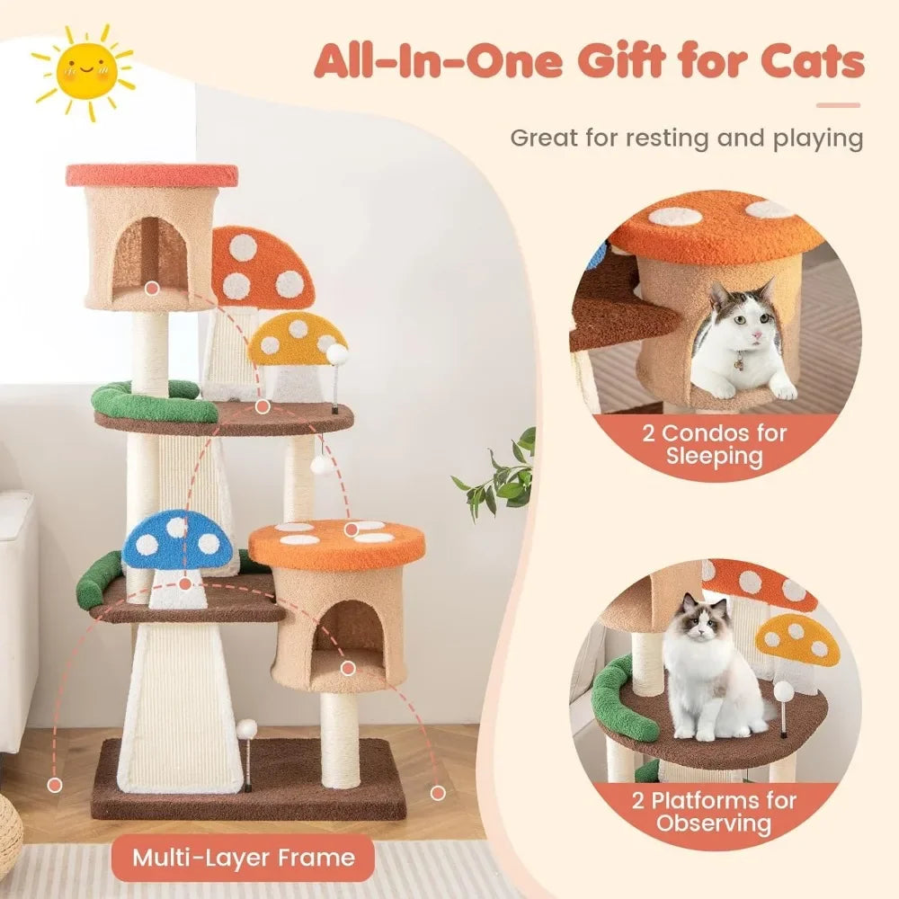 Multi story cute Mushroom Cat Tree with Full-Wrapped Sisal Posts