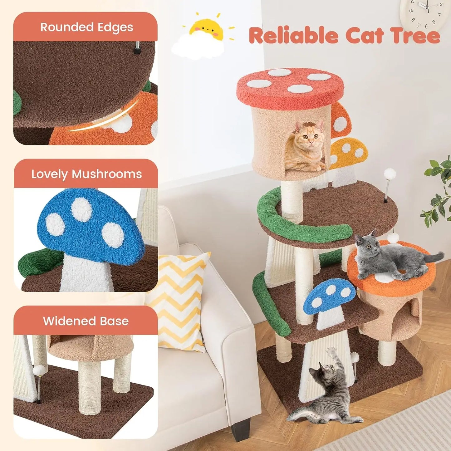 Multi story cute Mushroom Cat Tree with Full-Wrapped Sisal Posts