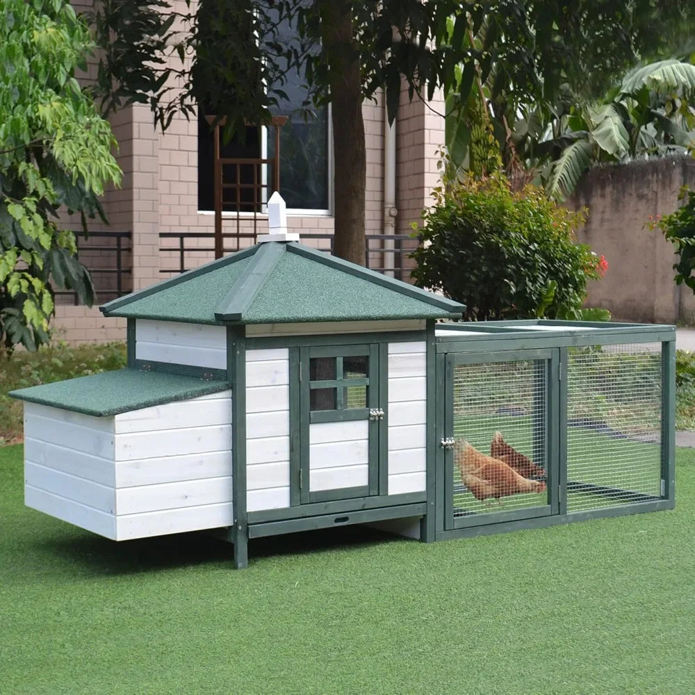 Cute Outdoor Wooden Chicken Coop with Nesting Box.  Removable Tray, Ramp Run