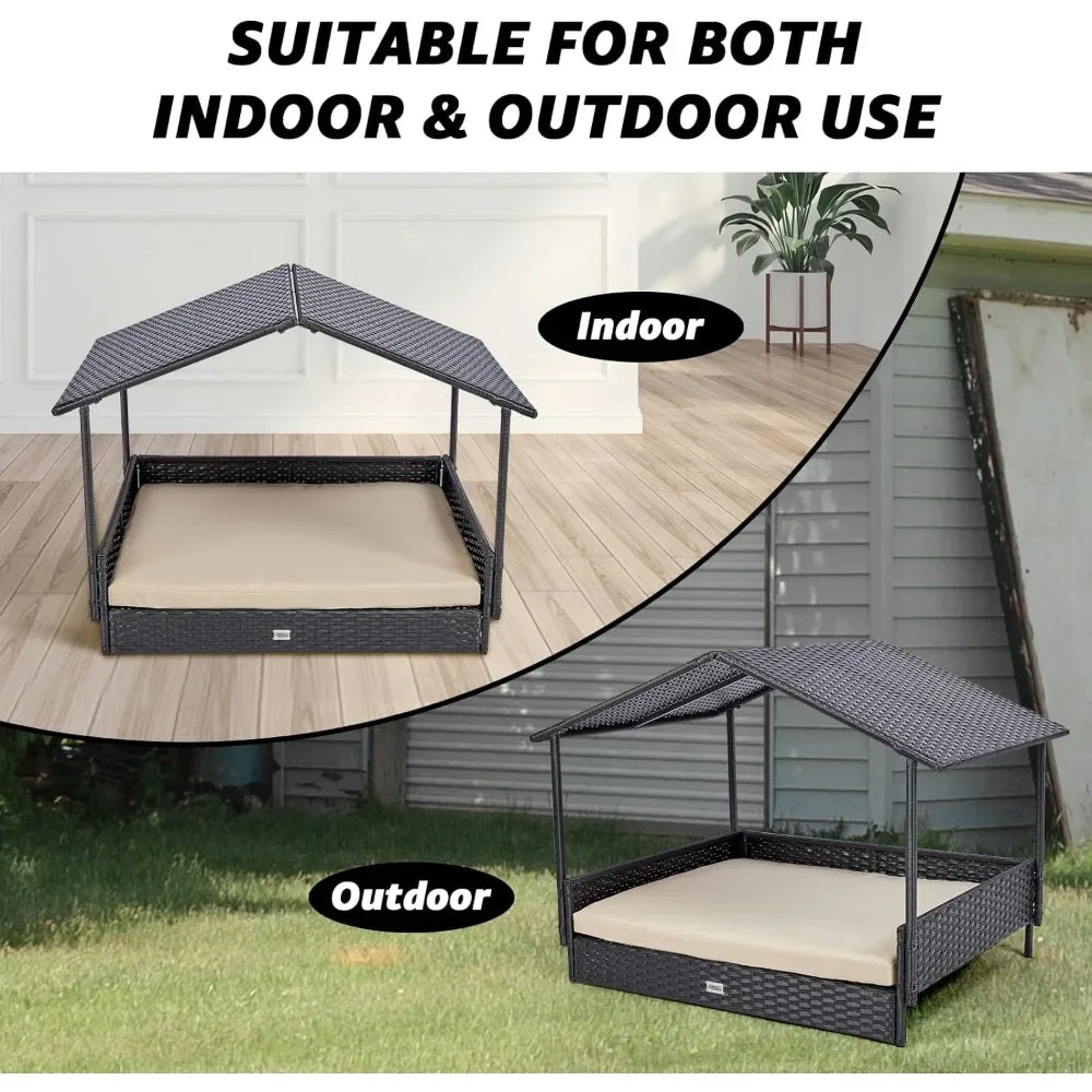 2-in-1 wicker dog house, indoor/outdoor elevated dog bed with removable canopy, breathable, shaded, waterproof and non-slip feet