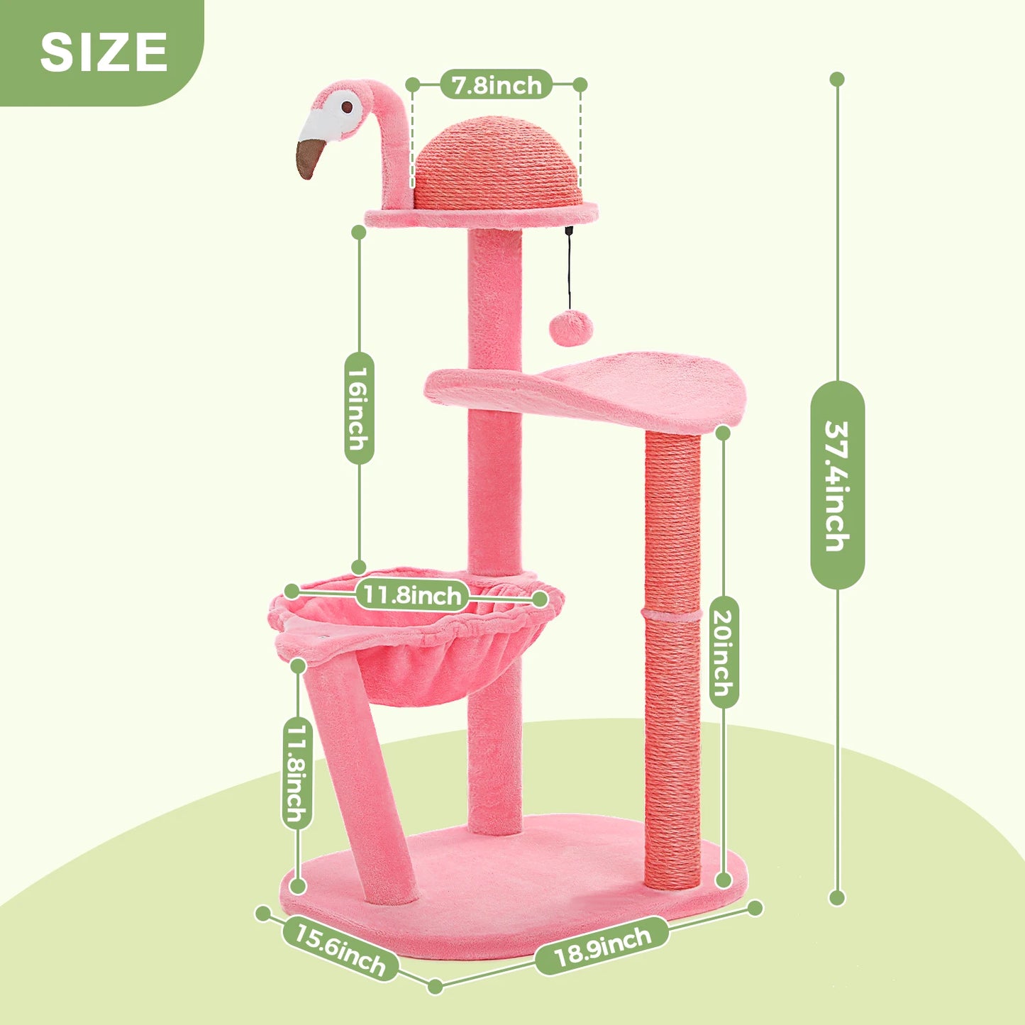 Pink Flamingo Multi-Level Cat Tree Tower.  Scratching Posts, Hammock, Perch.