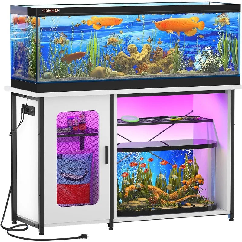 Reversible Heavy Duty Metal Aquarium Stand with Cabinet for Fish Tank Accessories Storage and Power Outlets.