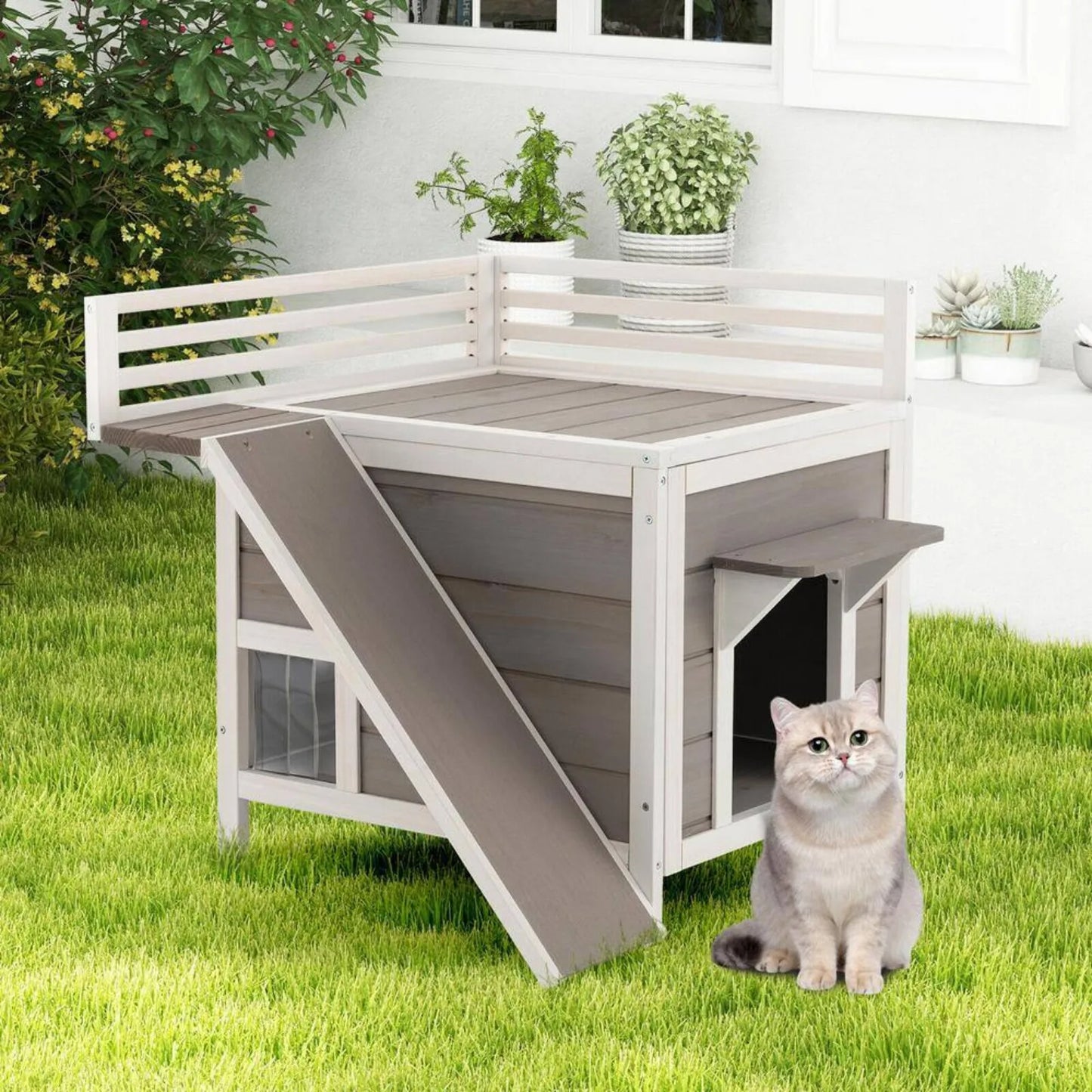 Outdoor Wooden Cat House with Big Balcony, Slide and Waterproof Roof