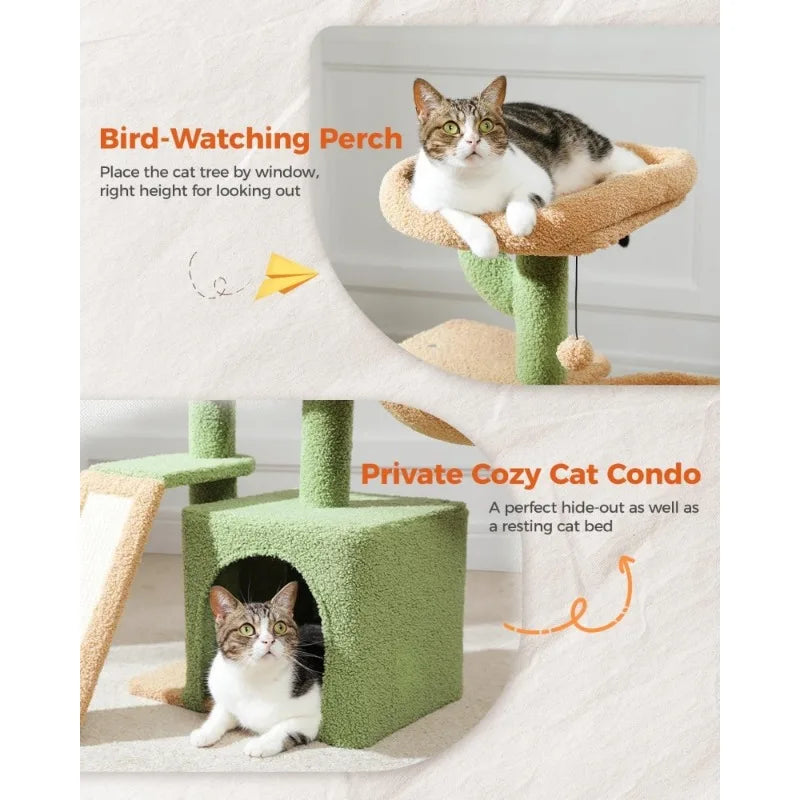 Cute Cactus Cat Tree for Indoor Cats, Sisal Scratching Ramp, Cozy Hammock, Removable Top Bed Perch