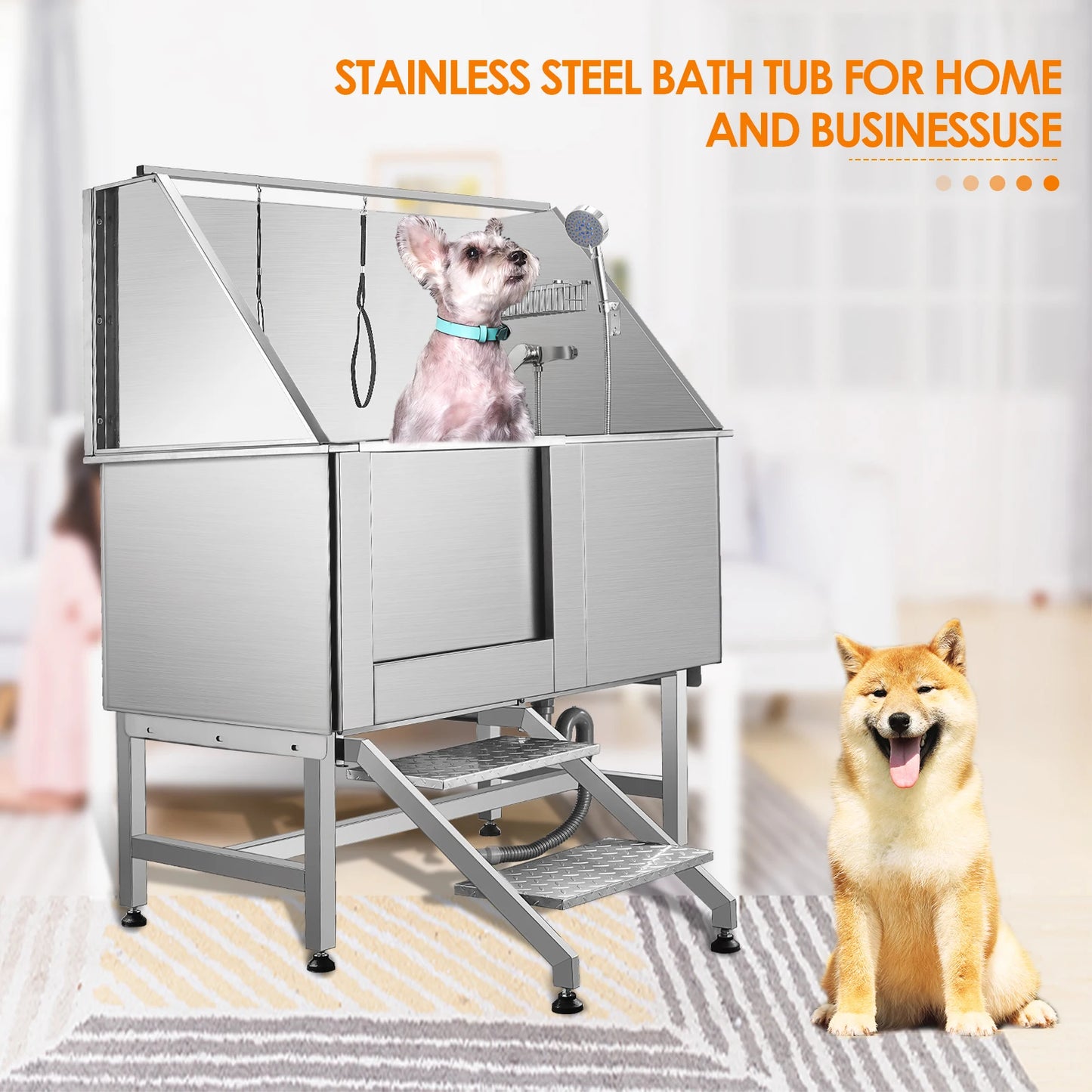 Professional Stainless Steel Pet Grooming Bath Tub/Shower with Faucet Walk in Ramp Accessories