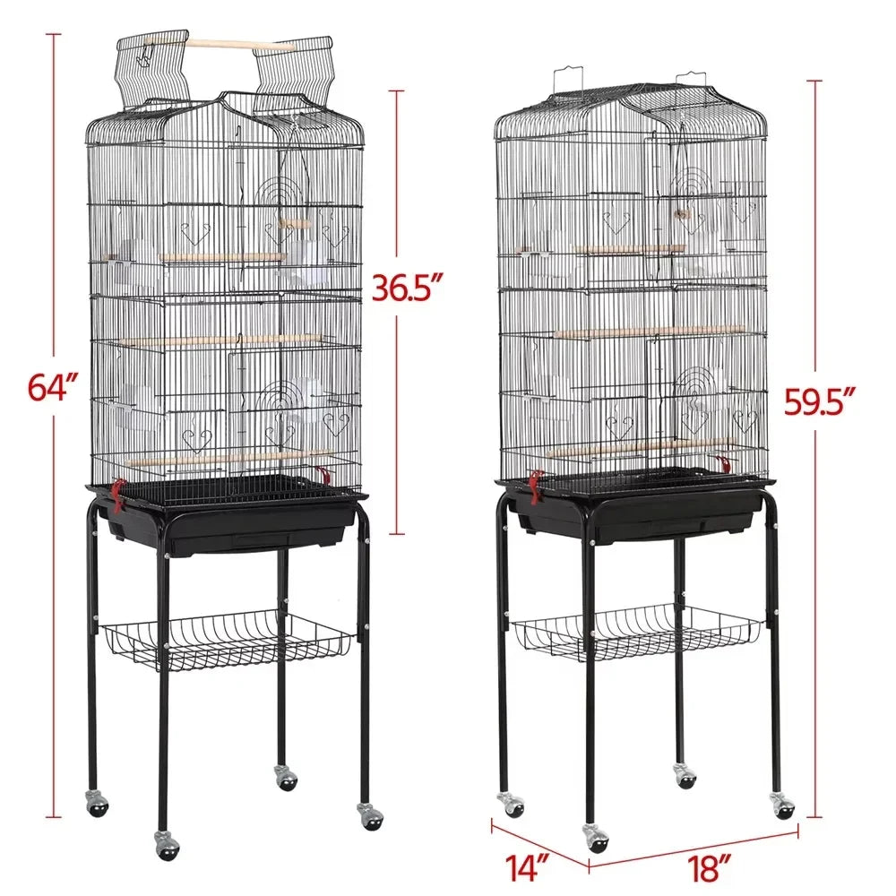 64" H Metal Rolling  Birdcage with Slide-Out Tray/Open Top.