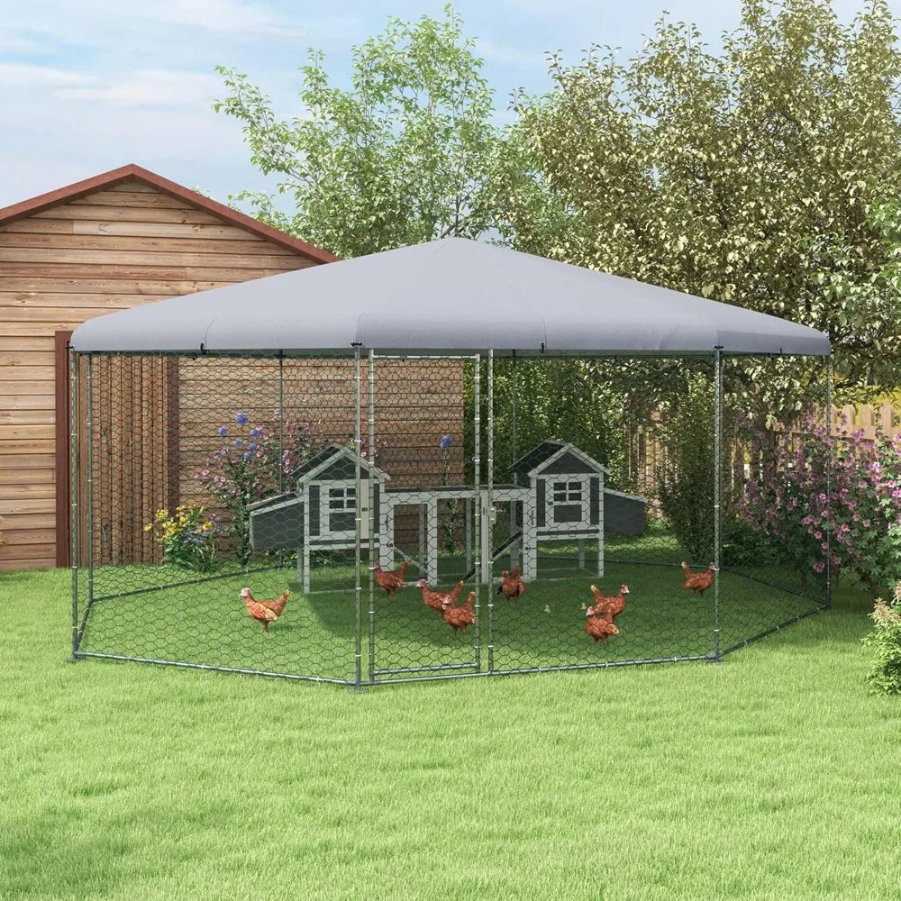 Polygon Shaped Large Metal Chicken Coop.   Waterproof, Anti-UV Cover