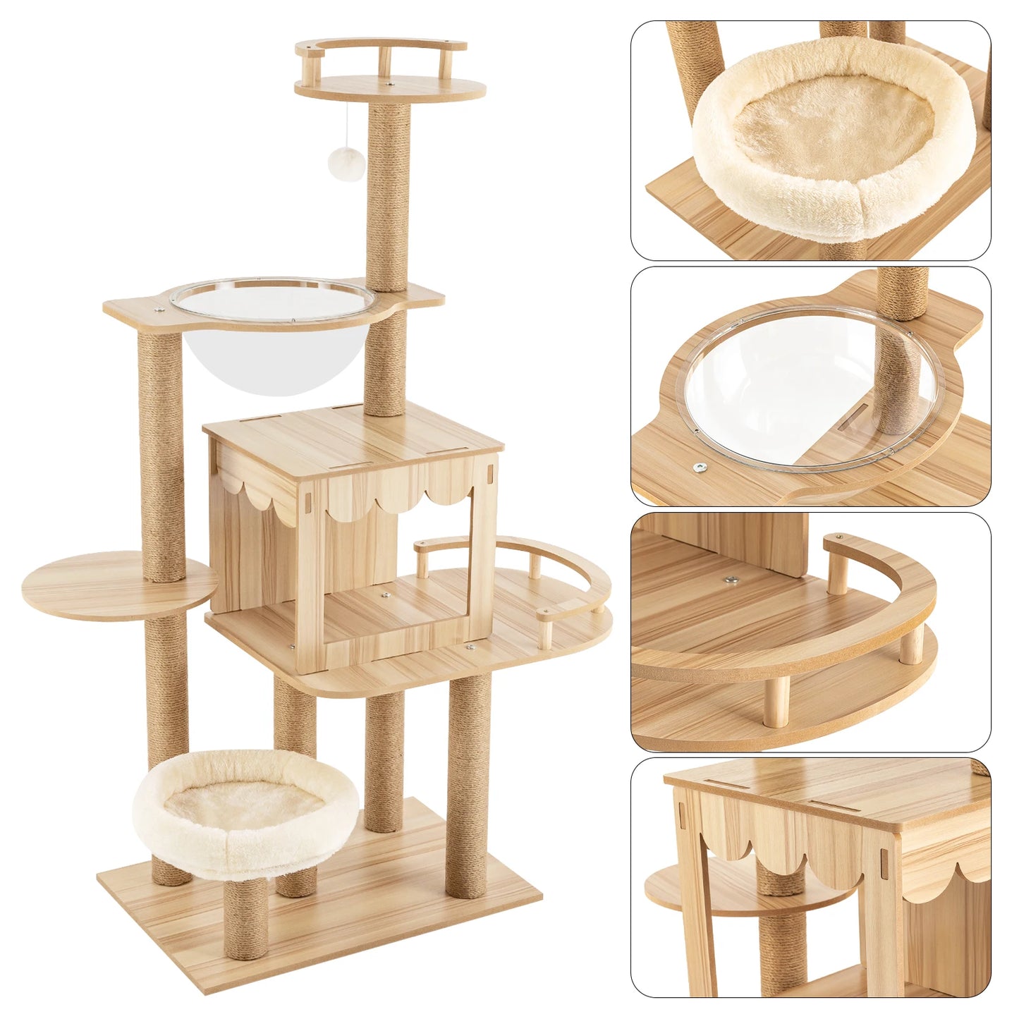 All-in-one Multi-Level Wood Cat Tree for Indoor Play. Climbing,  Jumping, Cushions