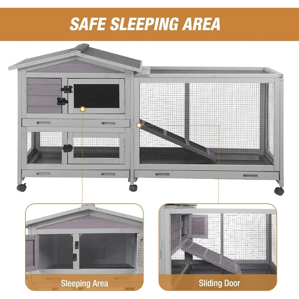 Bunny Cage Indoor and Outdoor Rabbit Hutch with Casters Waterproof Roof, Pull Out Tray from Back and Front