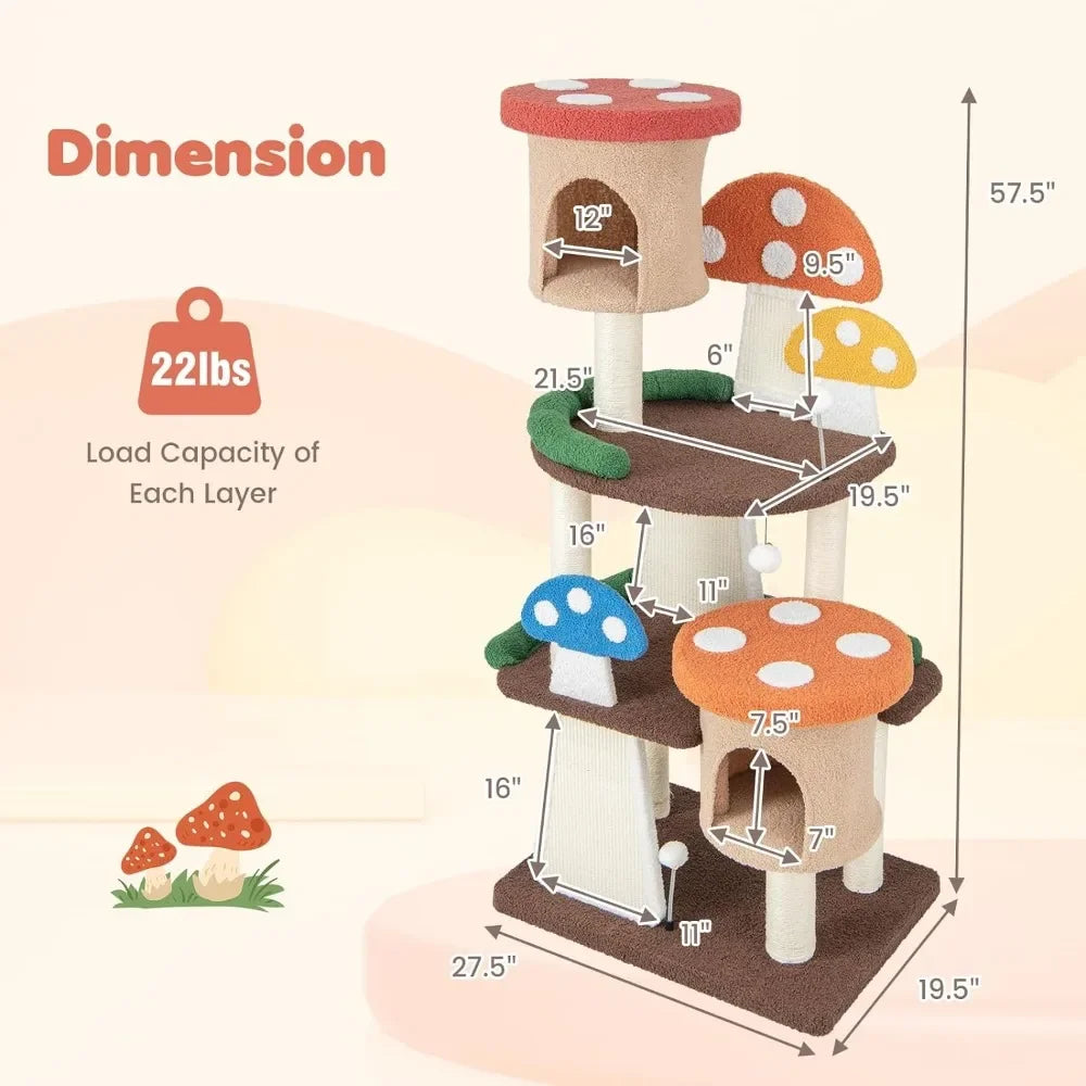 Multi story cute Mushroom Cat Tree with Full-Wrapped Sisal Posts