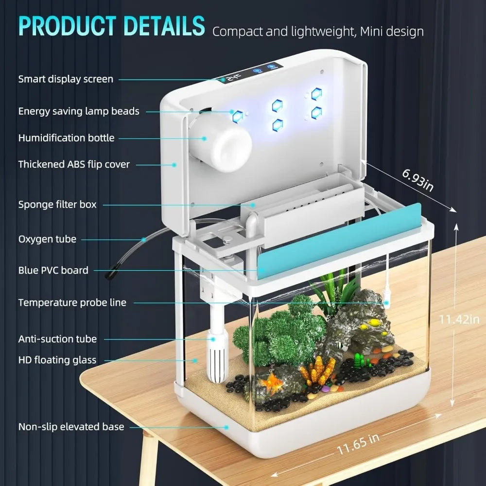 2.2 Gallon Aquarium with Humidifier. 7 Color Auto-Looping Light, Self Cleaning, 3 in 1 Pump with Filtration & Oxygenation