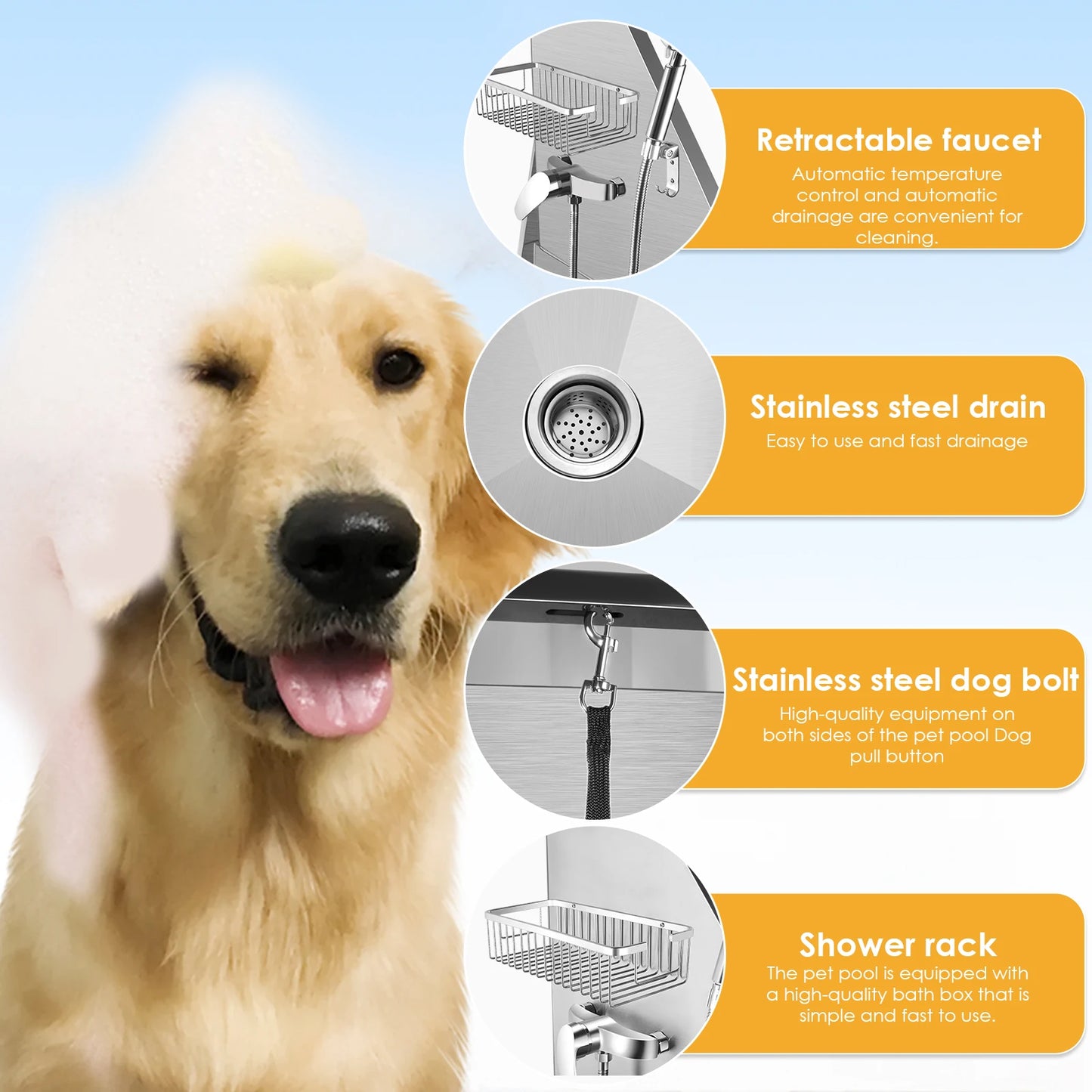 Professional Stainless Steel Pet Grooming Bath Tub/Shower with Faucet Walk in Ramp Accessories