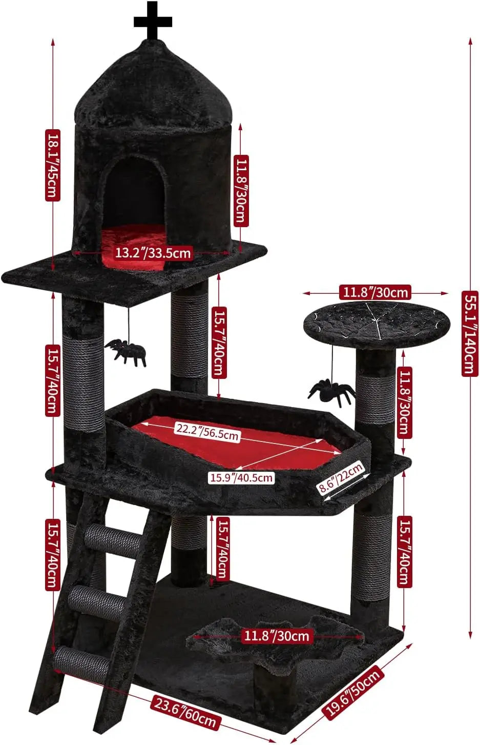 55" Gothic Cat Tree with Coffin Bed. Spacious, Scratching Posts, Spider Hanging Ball