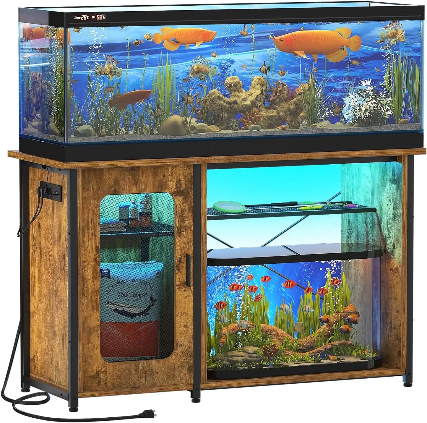 Reversible Heavy Duty Metal Aquarium Stand with Cabinet for Fish Tank Accessories Storage and Power Outlets.