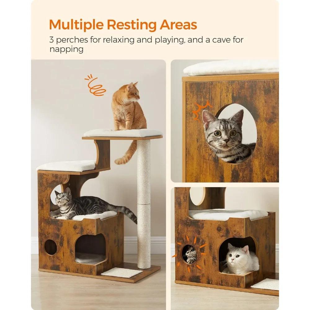 Cat Tower. 3 Beds, Cave, MDF with Wood Veneer, Sisal Post, Rustic Brown/White