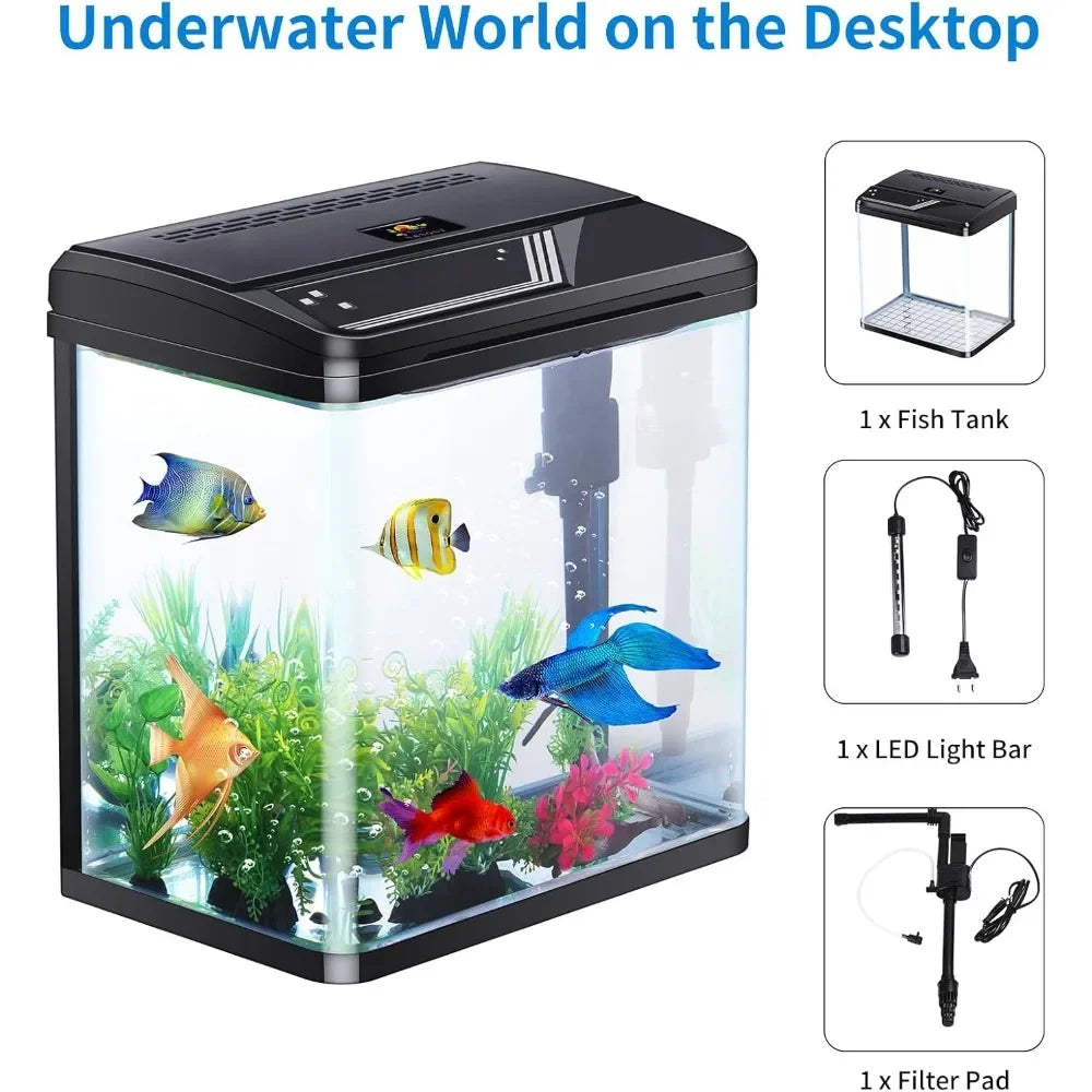 4 Gallon Glass Mini Aquarium Starter Kit. Desktop for Shrimp/Goldfish. Filter, Pump, LED Light